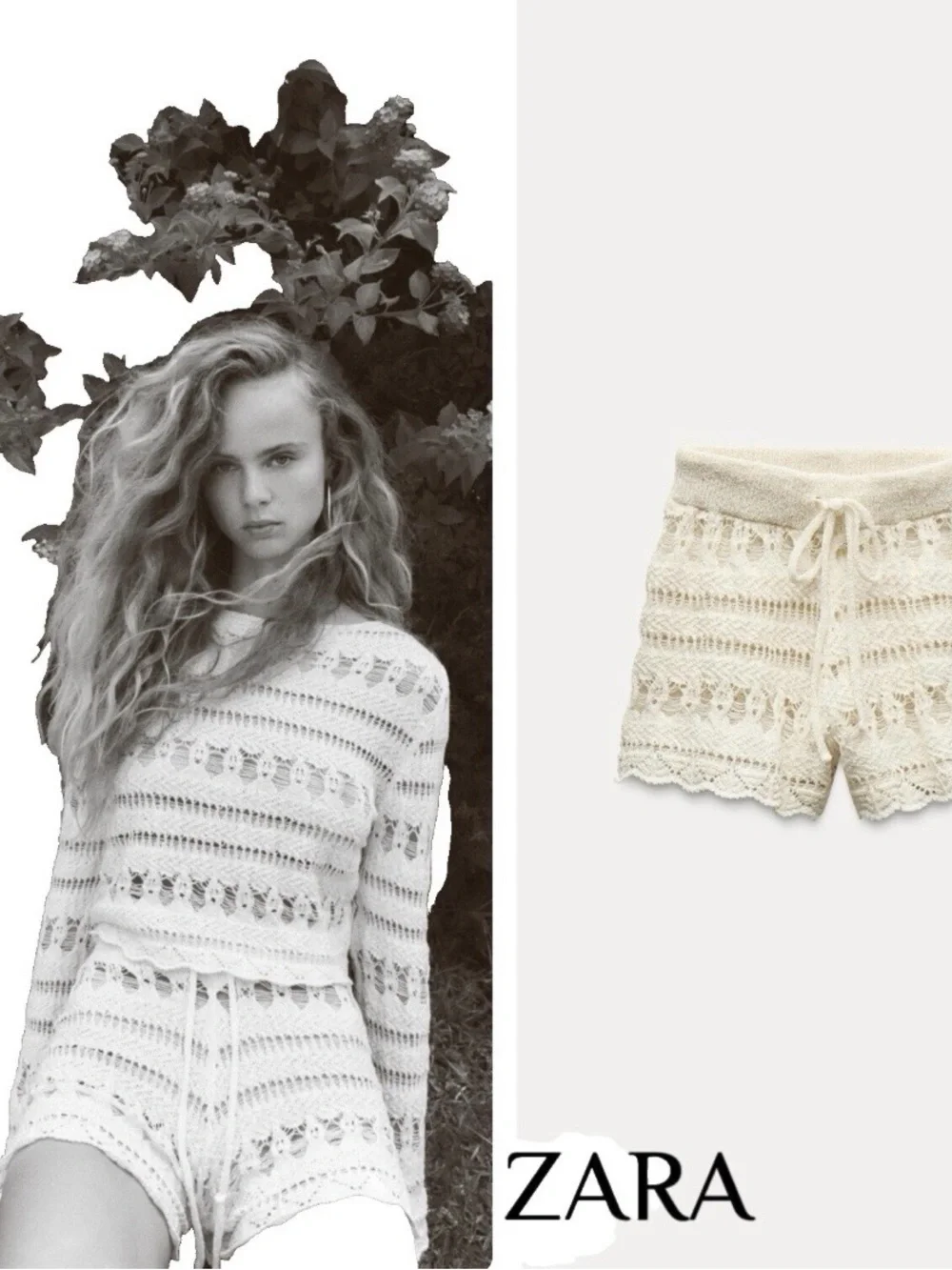 Zara Cream Crochet Knit Long Sleeve Top and shorts